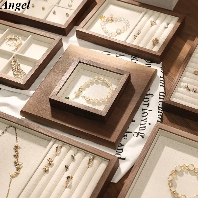 

Поднос для хранения ювелирных изделий из орехового дерева с крышкой, льняная подкладка, серьги, кольца, браслет, реквизит