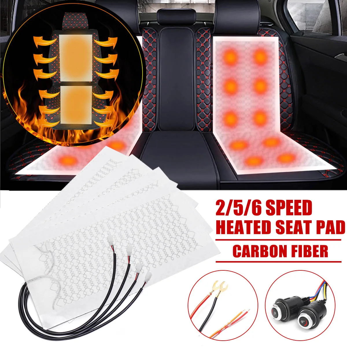 Universal 12V Car Seat Heater Carbon Fiber Car Seat Heat Pads Kit 2/5/6 Level Round Switch Cushion Set Winter Warmer Seat Covers