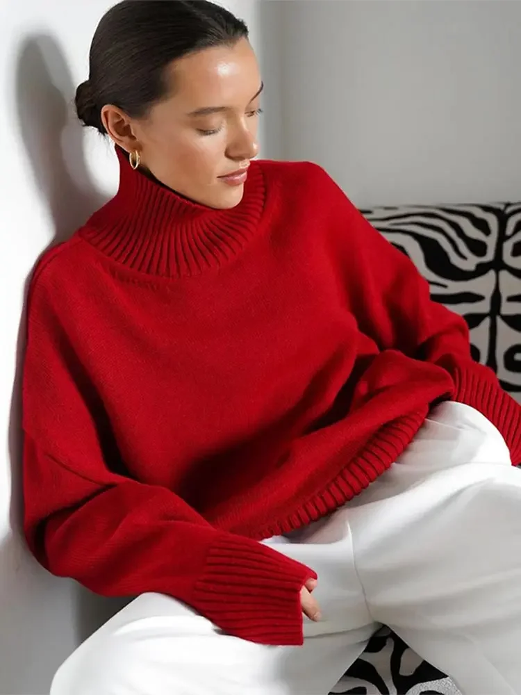 Women\'s Turtleneck Oversize Cashmere Sweaters Vintage Long Sleeve Knitted Red Brown Sweater Pullover 2024 New All-match Knitwear