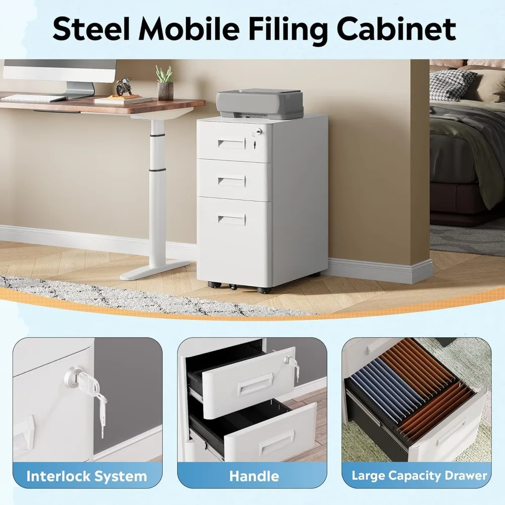 Armário de arquivo móvel com trava branca de 3 gavetas com rodas para escritório, totalmente montado, solução de armazenamento profunda de 17,7