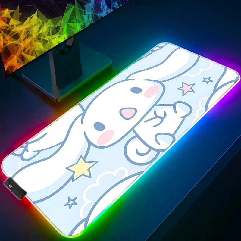 RGB LED Mouse Pad Cinnamoroll Sanrio Pattern Locking Edge MousePad Computer Gaming Keyboardpad Rubber Mat Desk Gaming Cup Mat