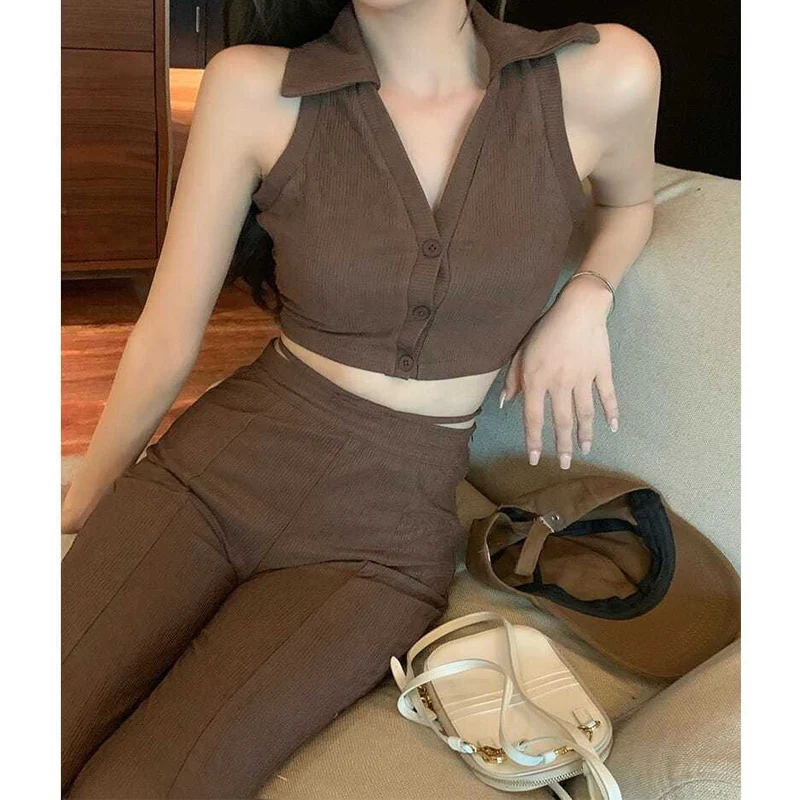 2022 Summer New Sleeveless Vest V Neck Top Zipper High Waist Casual Long Pants Two Piece Set Thin Solid Color Slim Fashion Suit
