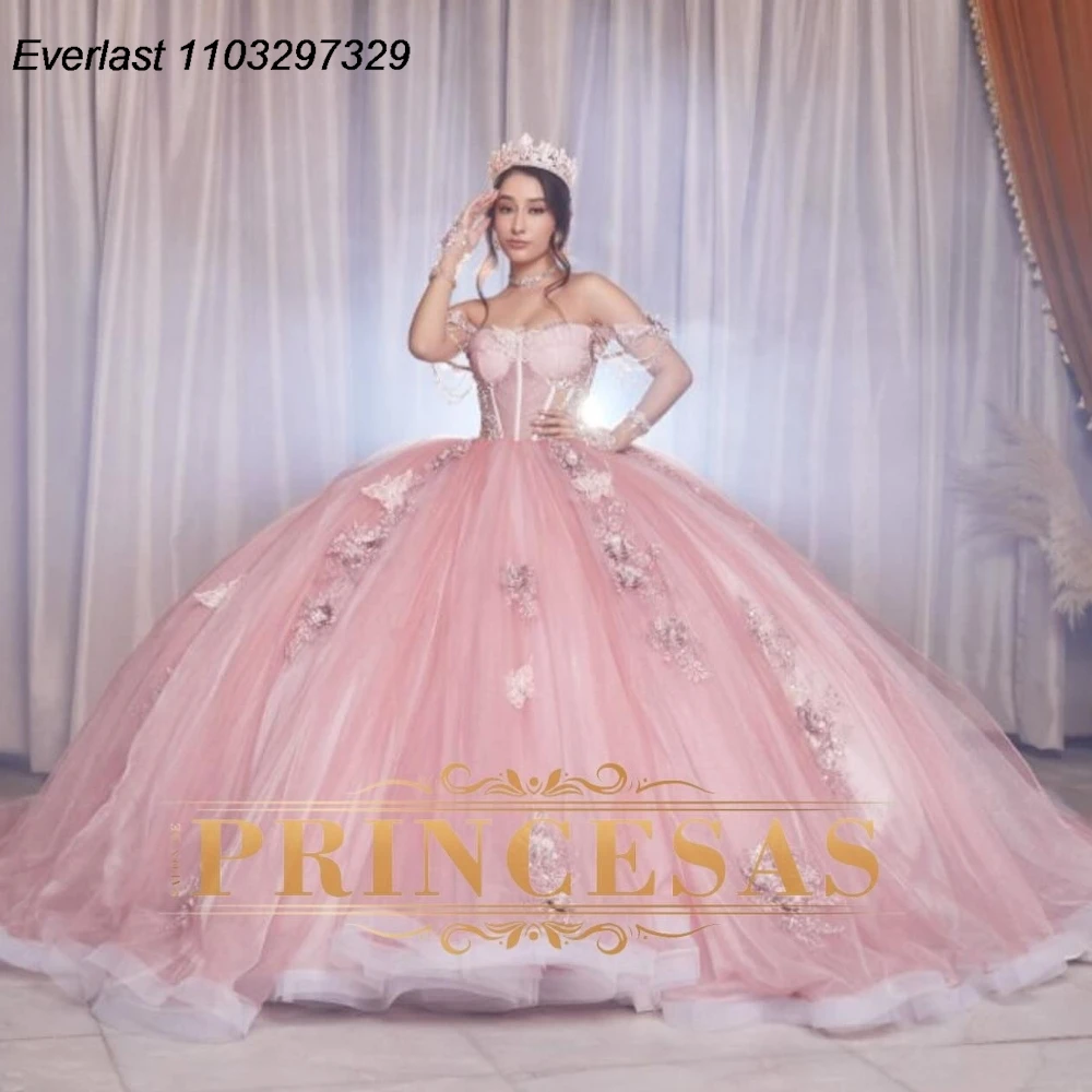 

EVLAST Принцесса Розовое платье Quinceanera бальное платье 3D аппликация бабочки из бисера мексиканский корсет милый 16 Vestido De 15 лет QD1105