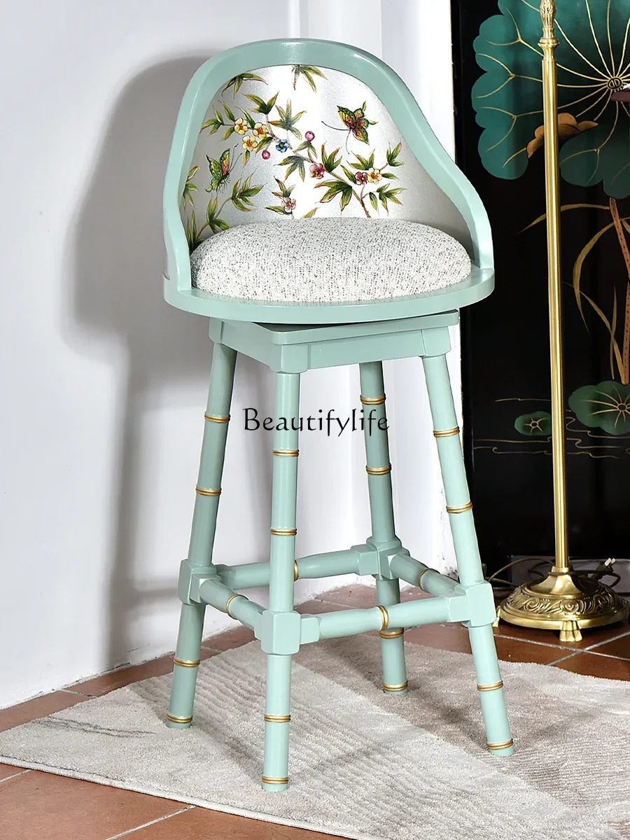 

pg45American Country Bar Stool Solid Wood Retro Domestic Rotating High Chair Backrest Painted