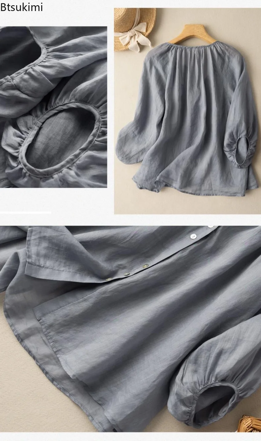 Women's Lantern Sleeve Cotton and Linen Shirt Tops Spring and Summer Fashion Large Size Literary Retro V-neck Casual Top Blouses