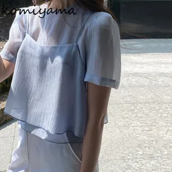 Korean Shirts & Blouses Niche Women 2024 Blusas Gentle Temperament Ropa Mujer O-neck Camisas Short Sleeve Blusa with Camis