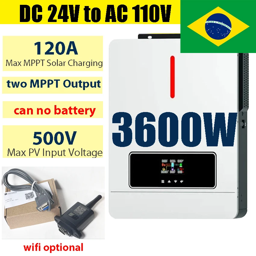 3600W Solar Hybrid Inverter 24V input to 110V AC PV 500V inside 120A MPPT Controller Dual Ouput Can Without Battery Brazil