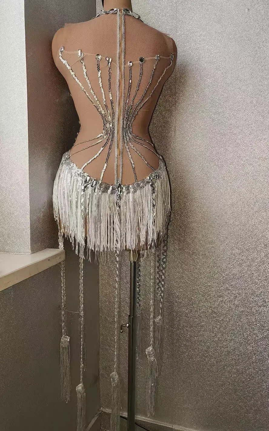 Silver Grey Fringes Midi Dress Stones Women Birthday Evening Party Dress Female Singer Stage Costume Net Yarn Tassel Dresses