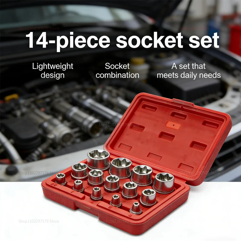 

Набор из 14 предметов: головки-звездочки E4-E24. Легко подходит для ремонта автомобилей, а внешняя конструкция с шестигранным креплением очень практична.