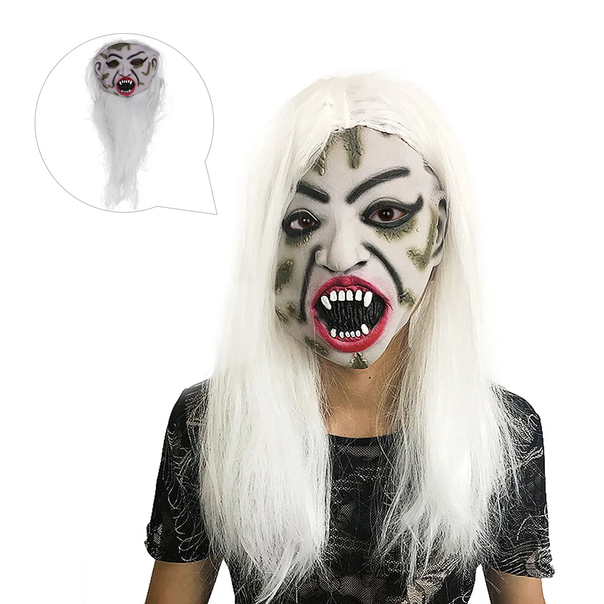

Grimace Mask Ghost Masks with Long White Hair Disfigured Face for Halloween Party Woman