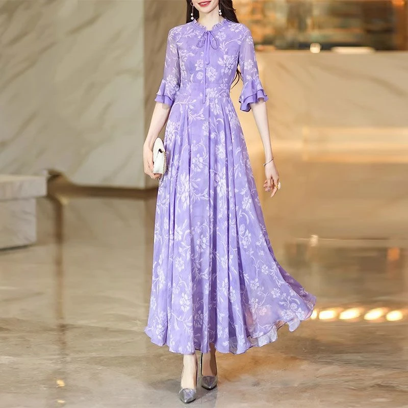 فستان نسائي صيفي جديد موديل 2025 بمزاجية ذات خصر عالٍ ونحيف نصف كم فستان شيفون أرجواني فاتح فرنسي مزين بالزهور #5