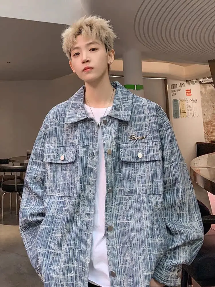 

Мужская модная джинсовая рубашка в клетку в стиле хип-хоп High Street, молодежная осенняя рубашка свободного кроя с длинными рукавами, эксклюзивно онлайн