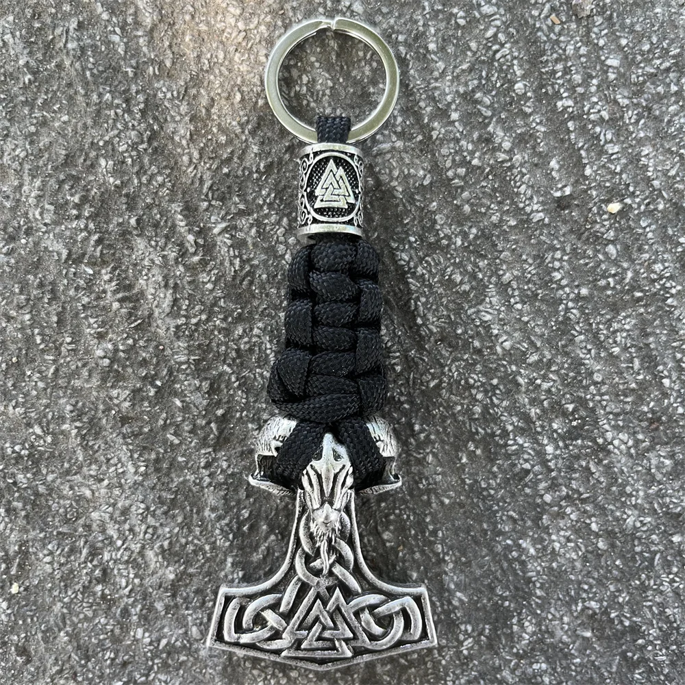 1Pcs Nordic Valknut Goat Ram Thor Hammer Keychain Knife Car Braided Paracord Rope Keyring Amulet