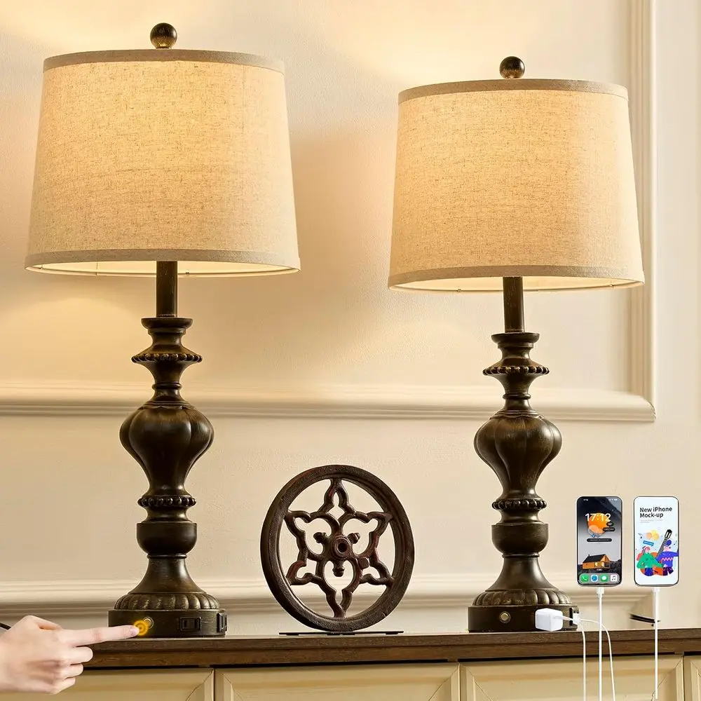 

27.5 Farmhouse Table Lamps Set of 2 Bedside Lamp with USB C+A Ports & AC Outlet, 3 Way Dimmable Touch Lamps for Living Room Bedr