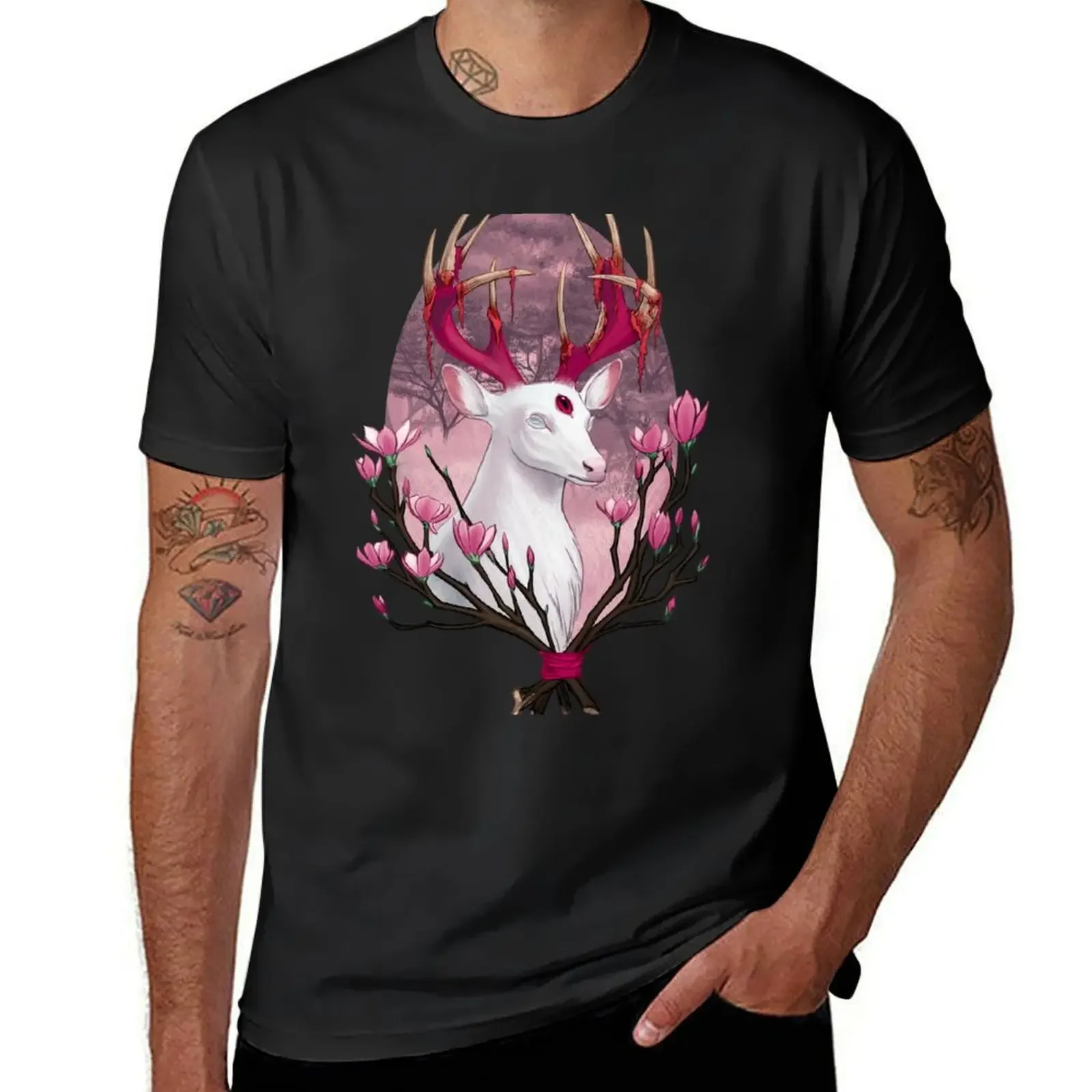 

White Stag with Magnolias T-Shirt valentines clothes korean fashion T-shirts oversize cotton t shirt men