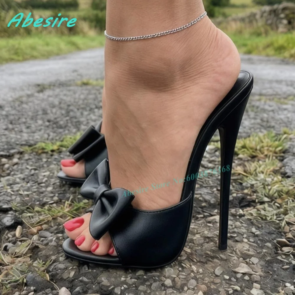 Black Faux Leather Big Bow Mule Sandals Open Toe Slip-On Slingback Thin Stiletto Heels Women's Slippers Sexy Daily Party Shoes