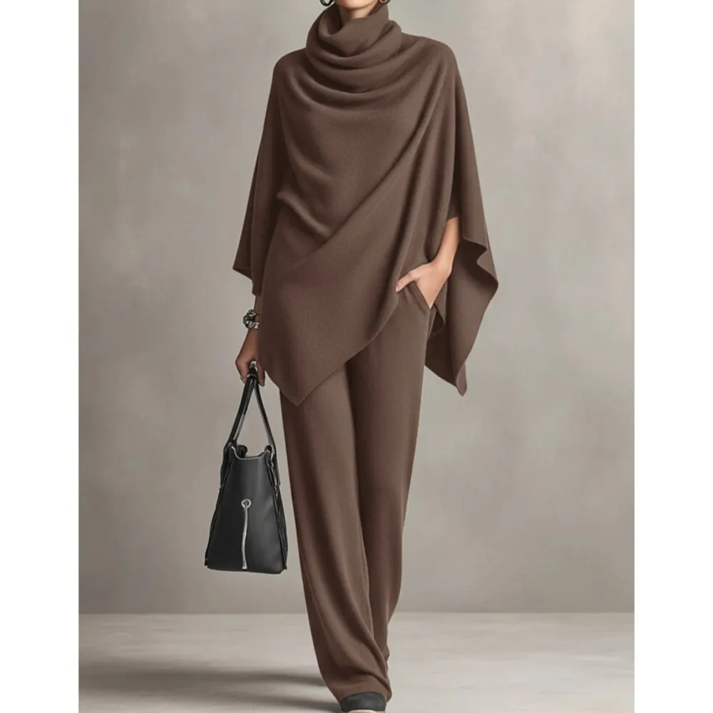 Autumn Winter New Fashion Matching High Neck Cloak Shawl Blouse Women Long Pants 2Piece Set Casual Elegant Female Long Pants Set