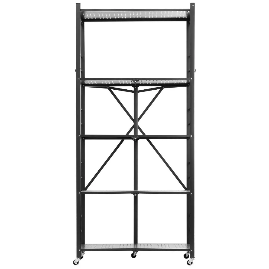 

5-ярусная складная полка для хранения 32x14x72 дюйма, металлический складной стеллаж без сборки, органайзер с 5 колесами