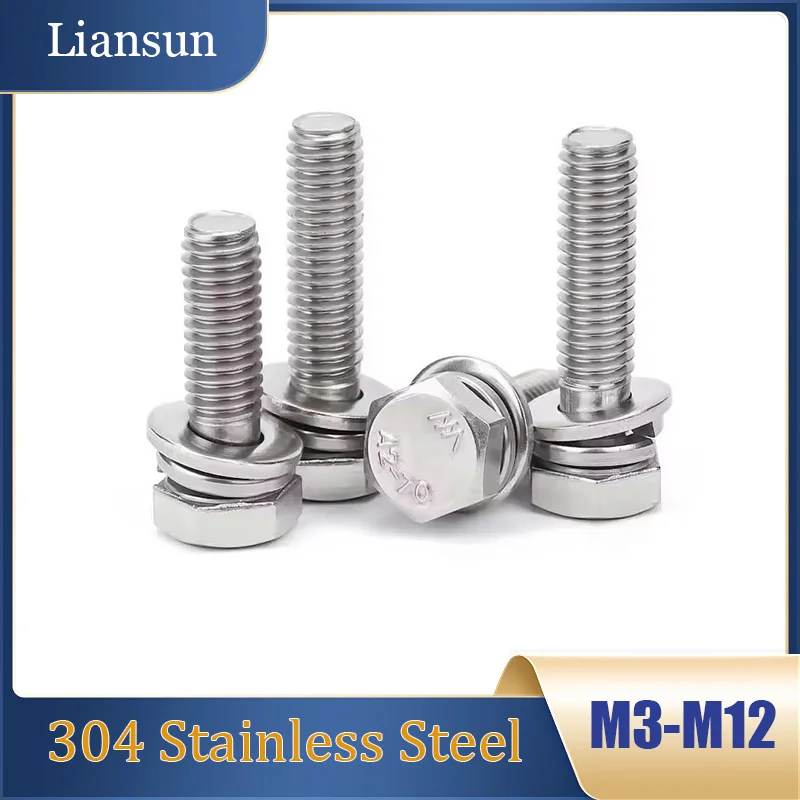 

1-20pcs External Hexagon Bolts Hex Head Screw With Flat Spring Washers M3 M4 M5 M6 M8 M10 M12 304 Stainless Steel Length 6-80mm