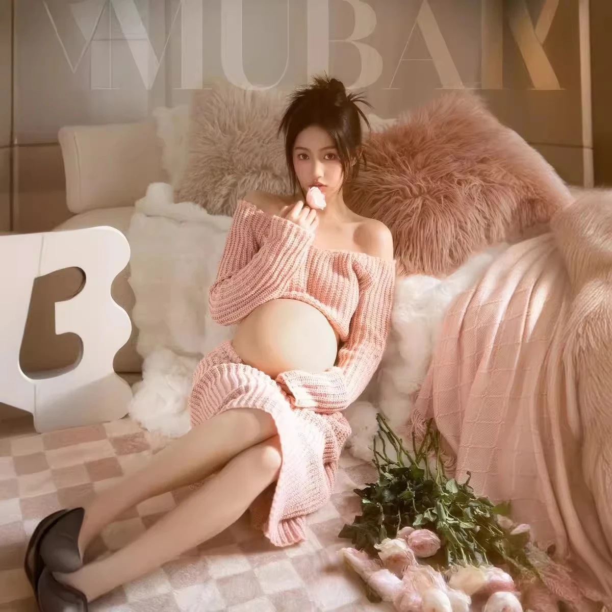 2Pcs Pink Knitted Maternity Sweater and Skirt Set, Pregnant Women Studio Photoshoot Outfit, Maternity Photography Prop Clothing