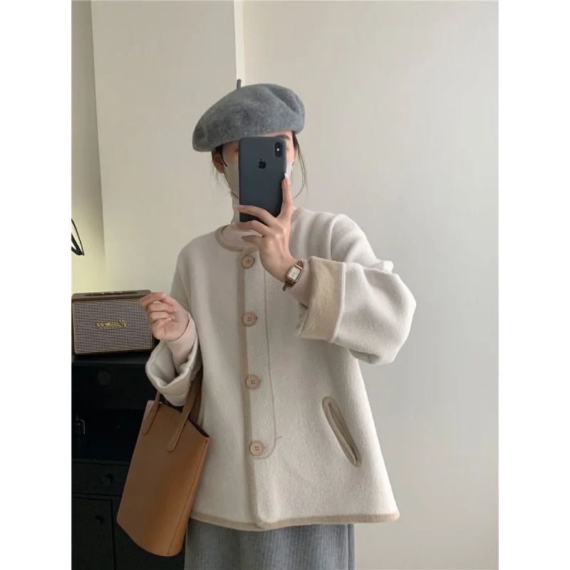 Women French Vintage Tweed Style Jacket Faux Mink Fleece Contrast Trim Loose Knit Cardigan Elegant Outerwear