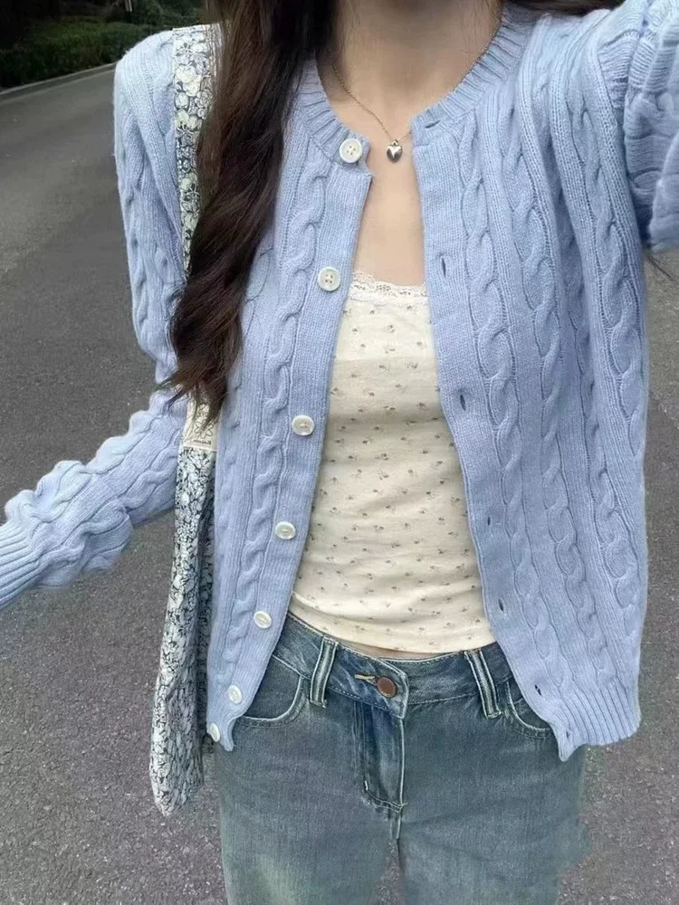 Elegant Women Solid Colour Knit Cardigan 2023 Autumn Casual Ladies O-Neck Single Breasted Sweaters Female Chic Button Tops