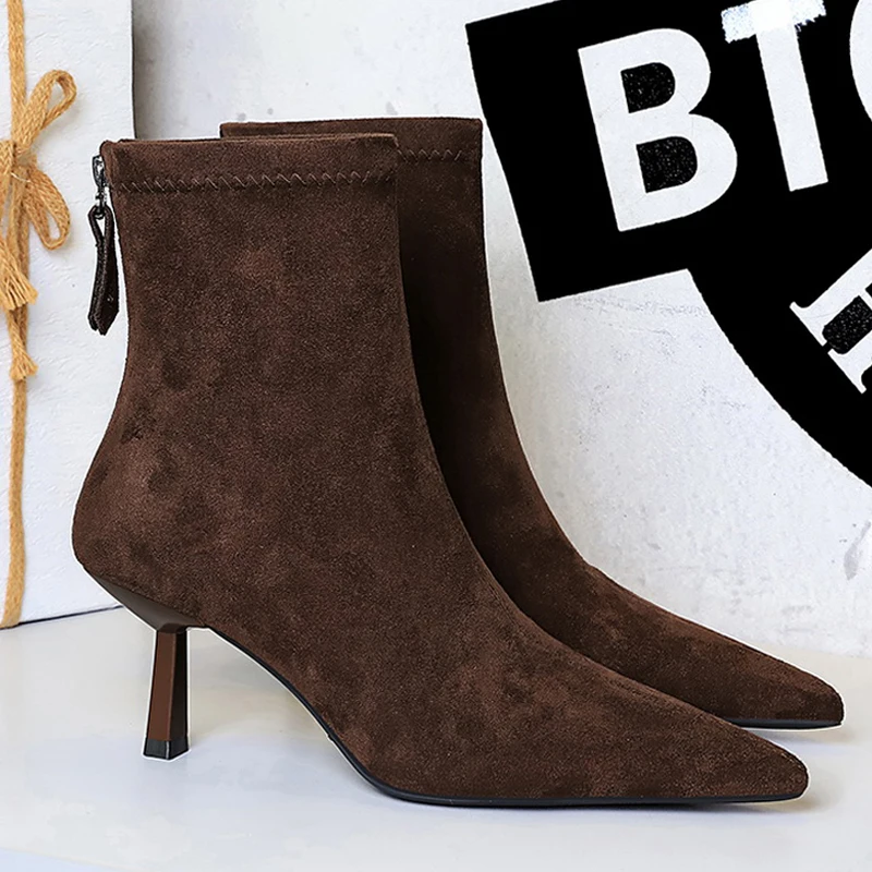 Zapatos BIGTREE, botas Retro de gamuza con punta estrecha para mujer, botas cortas con cremallera trasera para mujer, tacones de aguja de 6,5 cm, botines sexis para mujer