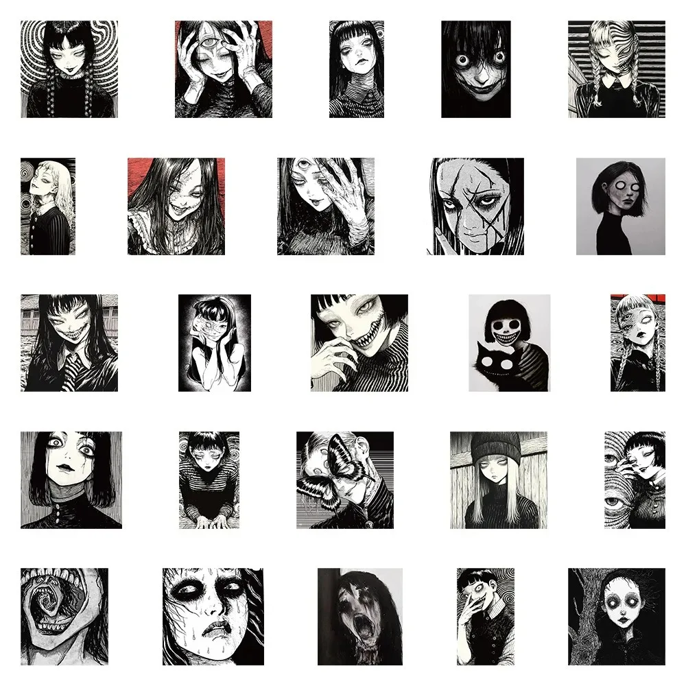 블랙 화이트 공포 스타일 소녀 만화 스티커, 어두운 그래피티 데칼, 여행 가방, 헬멧 노트북 방수 스티커 팩, 10 개, 30 개, 50 개