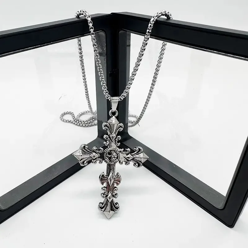 Modische Metallkette Halskette Schmuck für Männer Frauen Unisex Vintage Silberfarben Kreuz-Anhänger Halskette Punk Gothic Anhänger – Detail 5