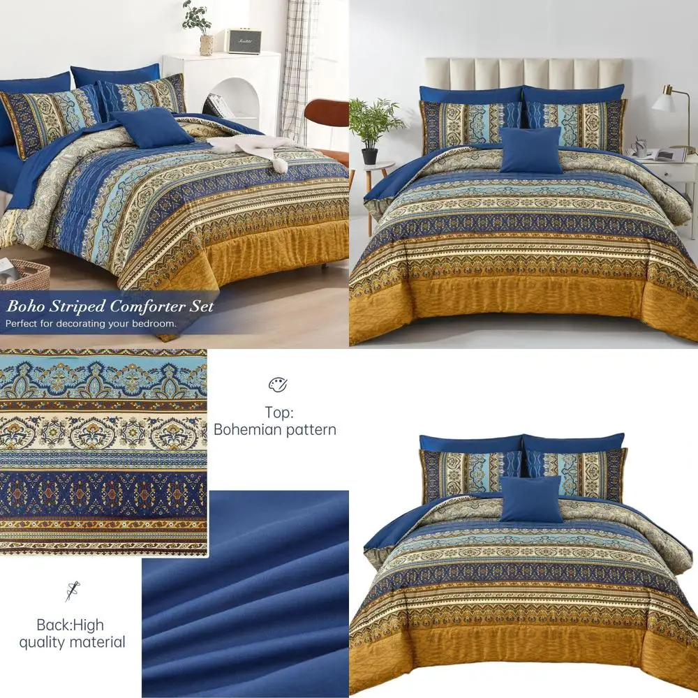 

8-Piece Boho Queen Bedding Set: Brown & Blue Paisley Stripe Comforter, All-Season Soft Microfiber Bed in a Bag