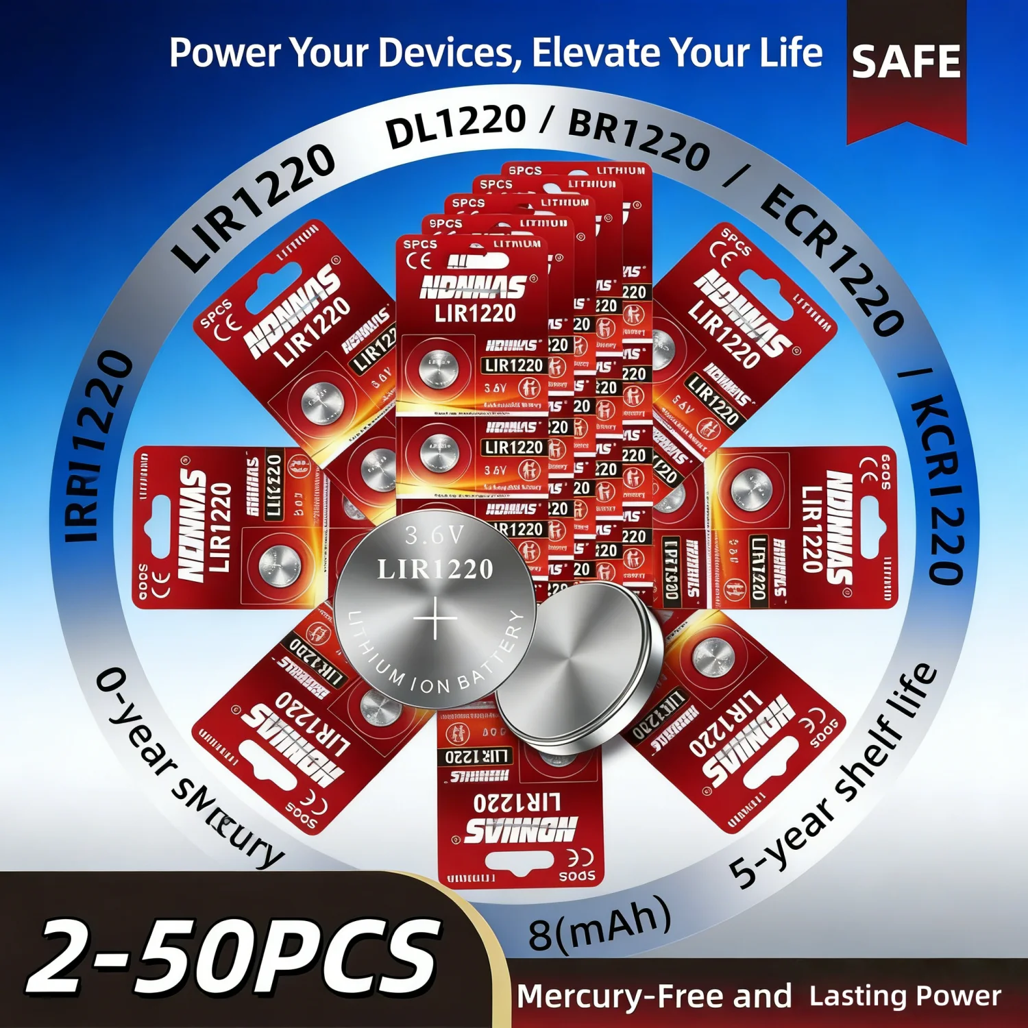 

LIR1220 3.6V 2-50Pcs Rechargeable Coin Cell Battery Button Battery, Multi-Pack For CR1220 Replacement, Watch Small Electronics
