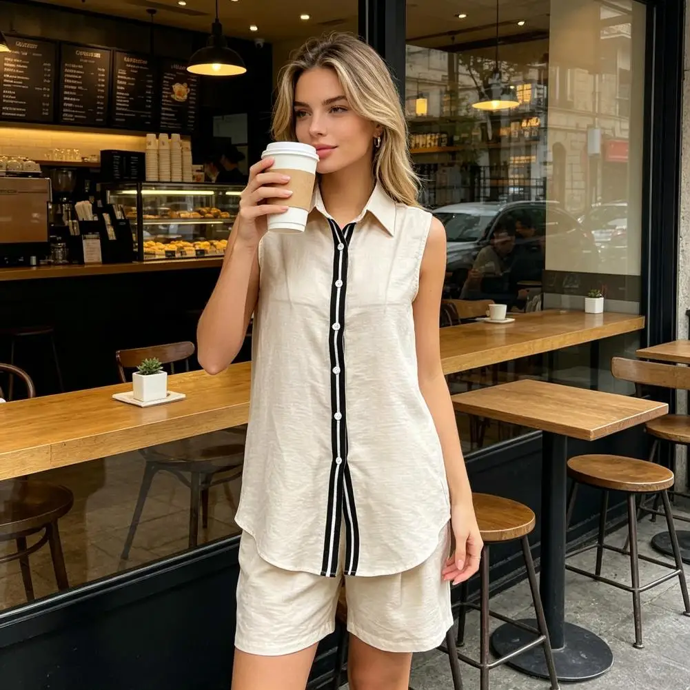 

2026 Women Suit Two Piece Outfit Women 2 Piece Linen Set For Women Button-down Tank Top Shorts Set Vacation Outfit Matching Sets