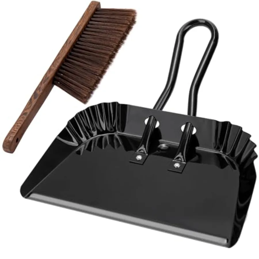 

7In Extra Large Dust pan and Brush SetCommercial Heavy-Duty Dust Pans and Wood Broom Clip on Dust Pan Metal Edge Flat Against F