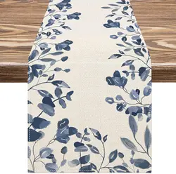 Blue and White Watercolor Plants Linen Table Runner Dresser Scarf Reusable Kitchen Dining Table Runner Holiday Party Decorations