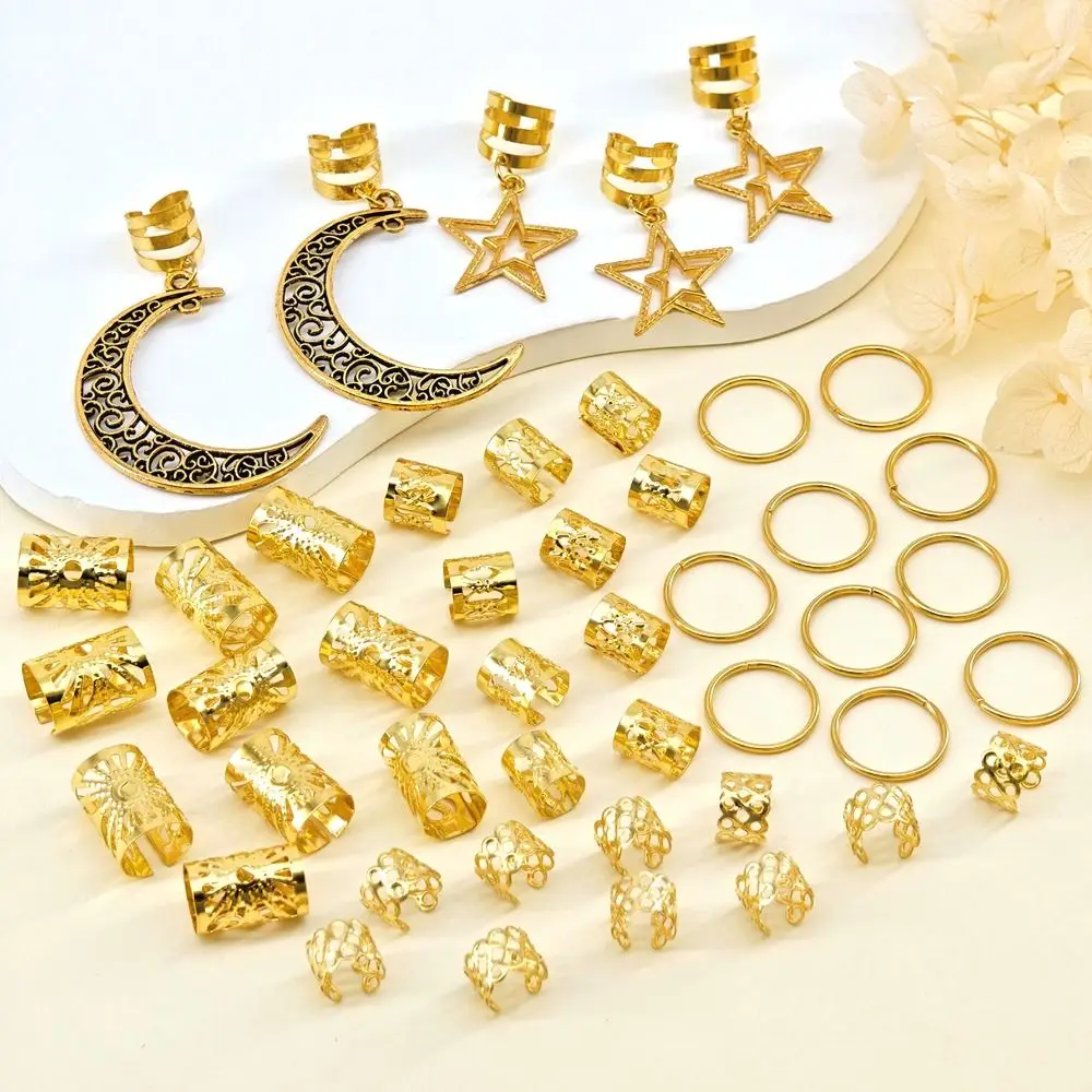 45Pcs/Set Stars Moon Combination Dreadlock Hair Rings Metal Cutout Vintage Braiding Jewelry Dreadlock Hair Clip Adjustable