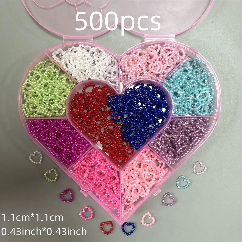 500pcs/Box New Bow Hollow Heart Shape Pearls Nail Charms Diy Portable Fan  Decoration Phone Case Keyboard Ornament Bulk Supply