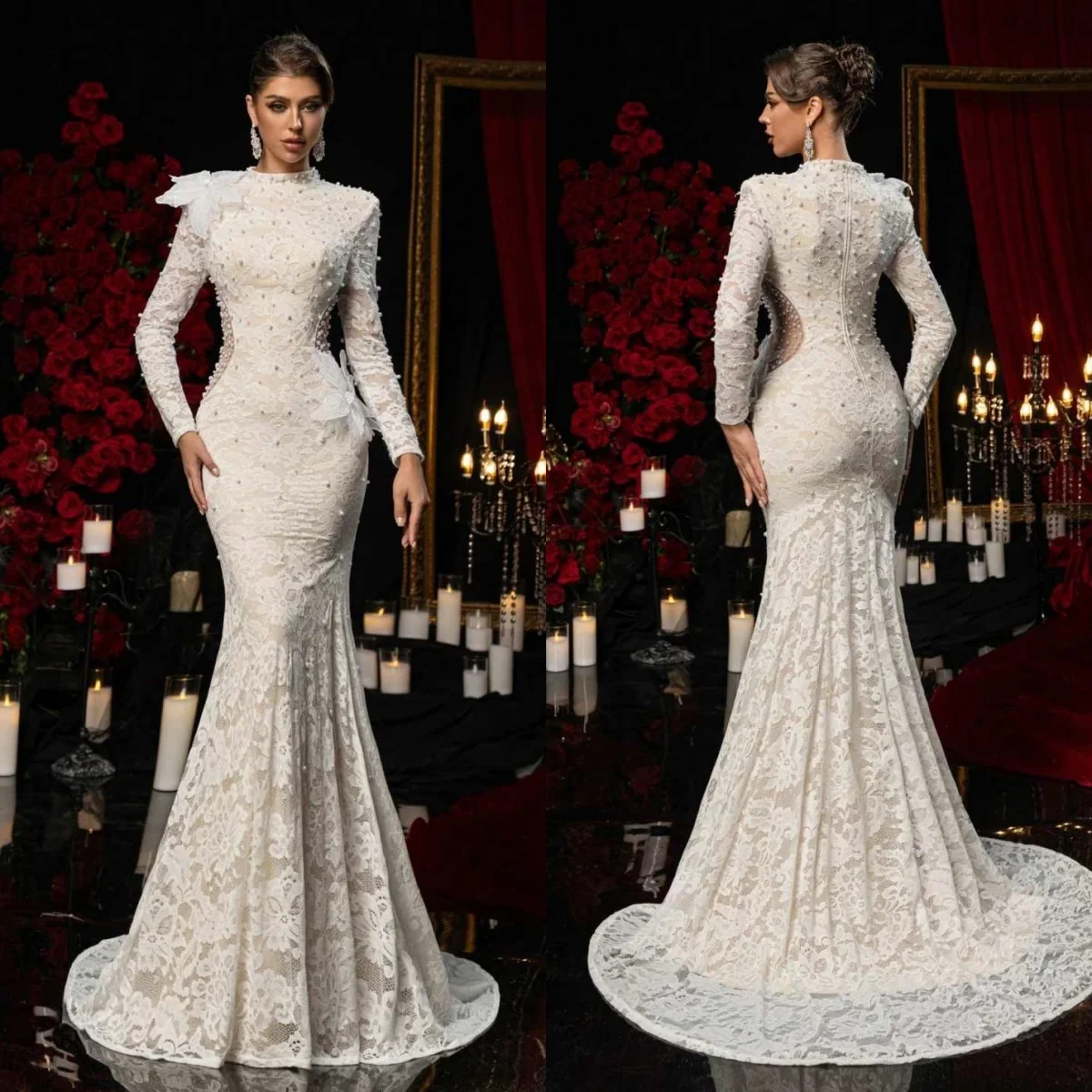 セクシーなマーメイドウェディングドレス真珠アップリケOネック長袖花嫁ドレスシースレーススイープトレインブライダルガウンカスタマイズ