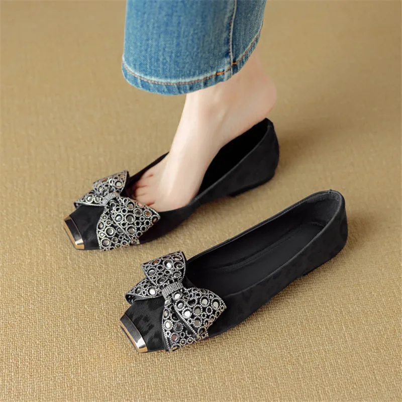 New Spring/summer Sheep Leather Shallow Shoes for Women Fashion Bow Square Toe Women Pumps Breathable Low Heel Flat Shoes Women