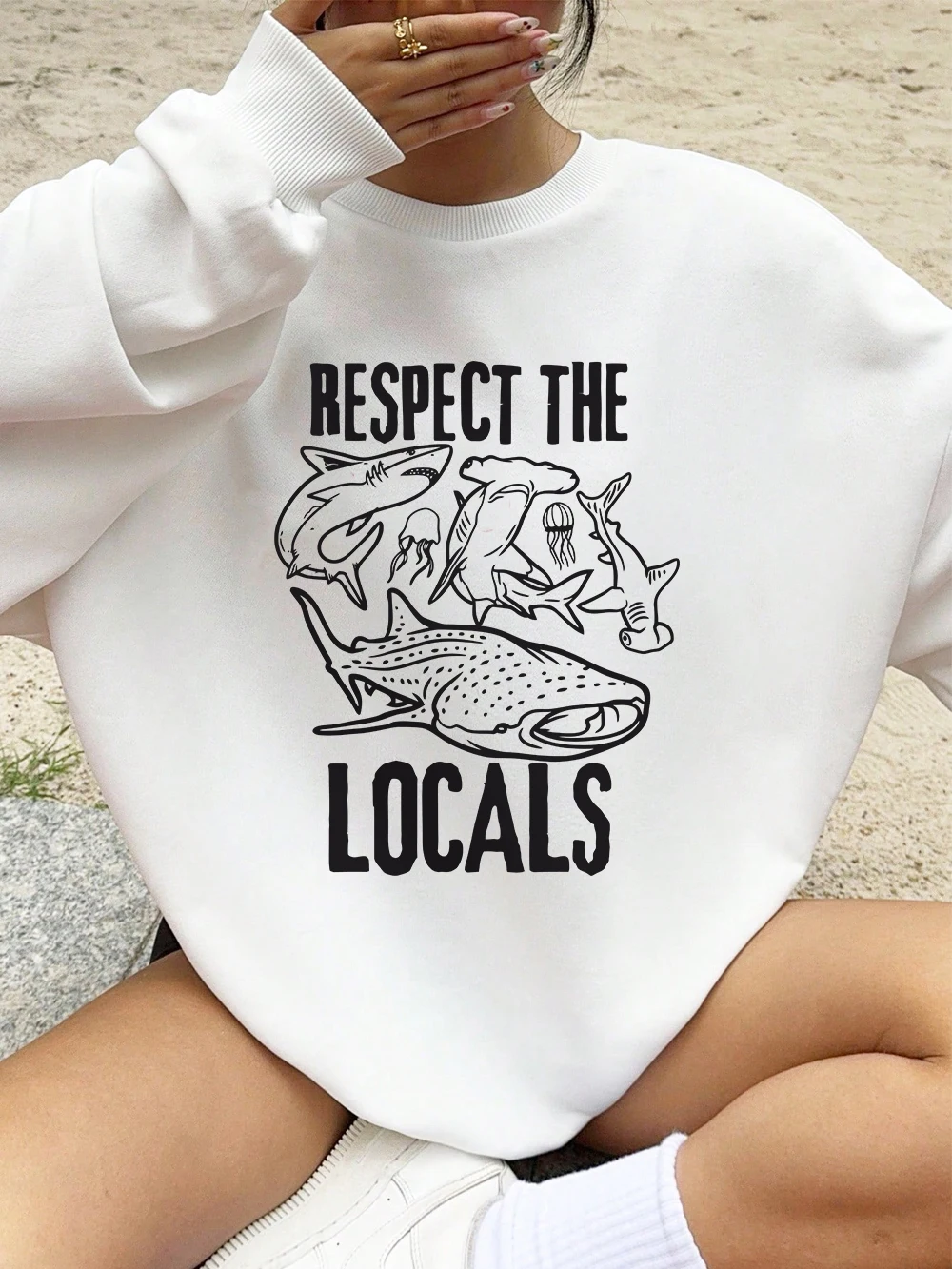 حماية الحيتان المحلي يطبع بلوزات النساء الشتاء الصوف الدافئة هوديي Crewneck فضفاض البلوز أساسيات ملابس امرأة رياضية