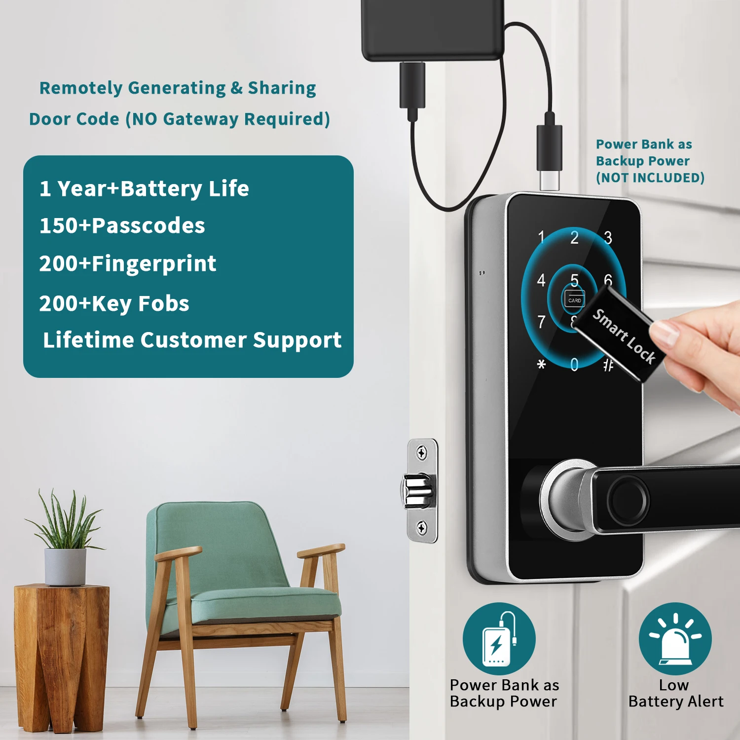 Smart Door Lock Digital Electronic Lock with Code Passcode, Electric Door Knob, Biometric Handle,  Bedroom Doors