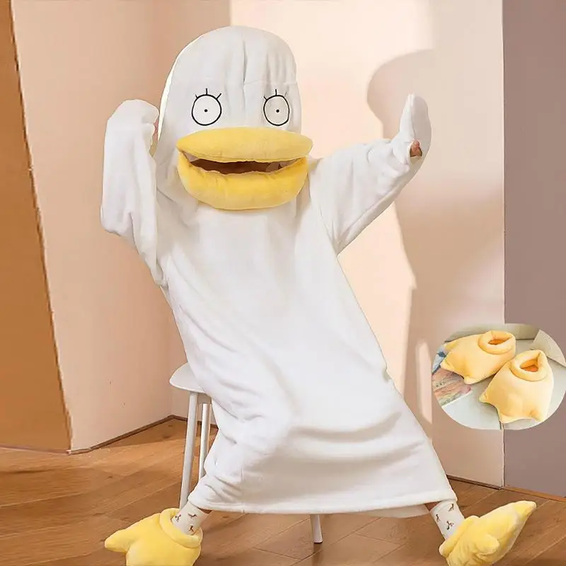 Duck Onesie Pajamas for Adult Quirky Duck Blanket Plush Flannel Cosplay Duck Animal Costume for Halloween Costumes Men Women