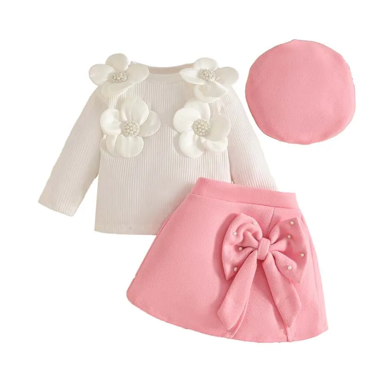 

3Pcs/Sets Spring Autumn New Style For 1-3 Year Old Girls, Long-sleeved Tops Bow-tie Pink Short Skirt Beret Set Fashion Costume