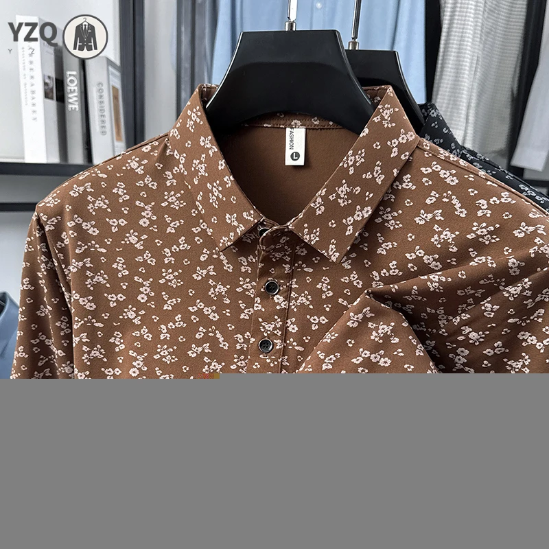 New Mens Lapel Polo Short Sleeve Full Floral Pattern Print Light Smooth Fabric Relax Fit Casual Business Shirt