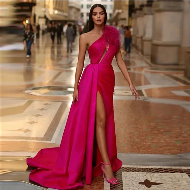 

Sexy Fuchsia Evening Formal Dress Mermaid One Shoulder High Slit Feathers Stain Pleat Long Prom Party Gowns Abiye Robe De Soiree