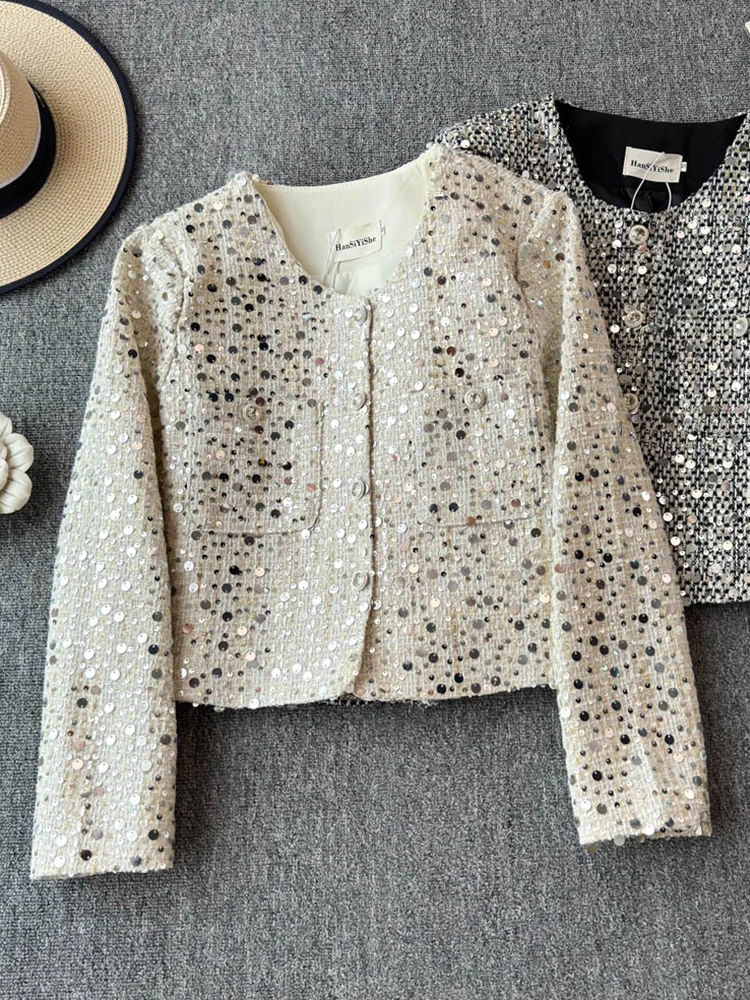 

Fashion Sequin Short Jacket Women Autumn Winter 2025 New Temperament Tweed Single Breasted Top French O-neck Long Sleeved Coat