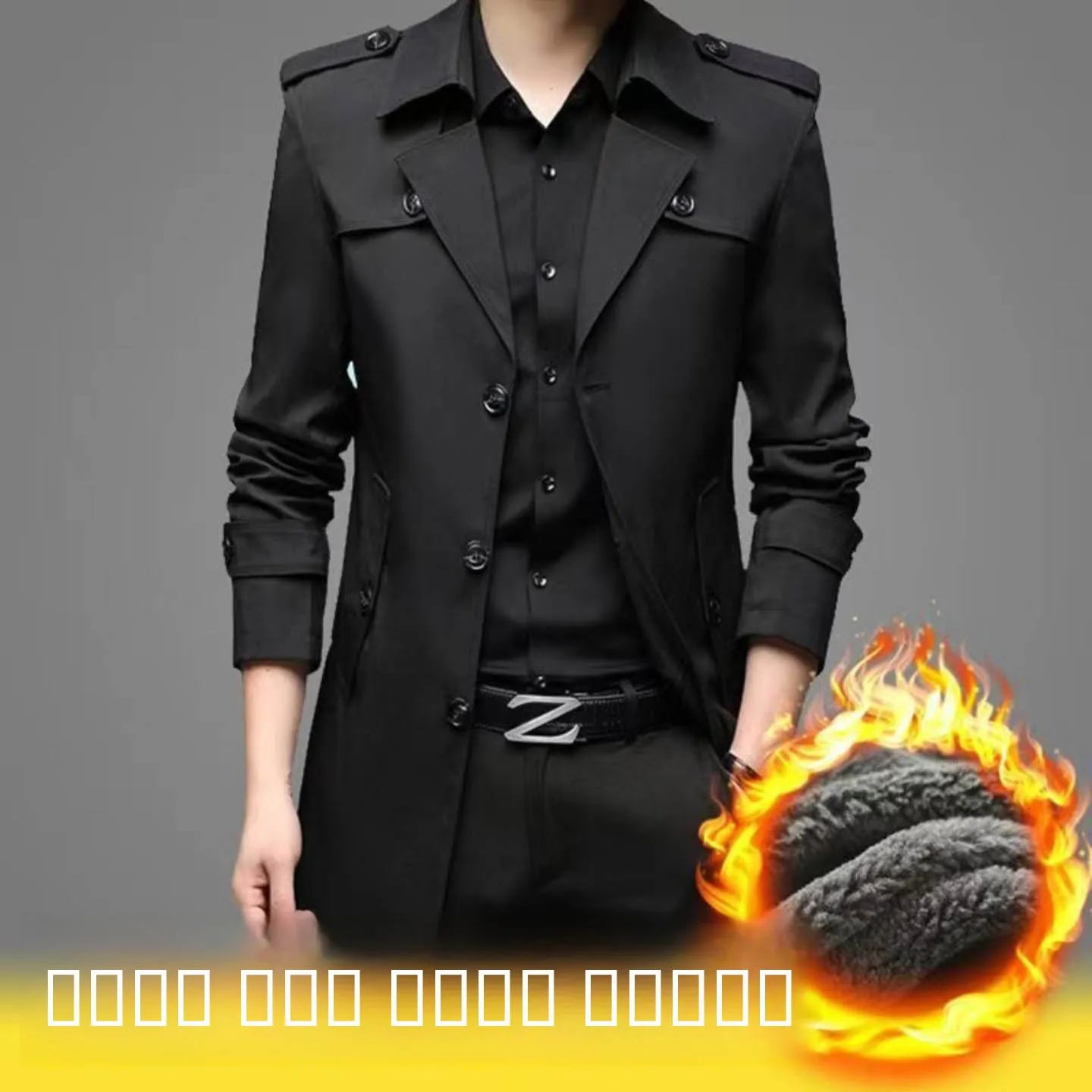 

High-End Men's Windbreaker Coat Busin Casual Lapel Fce Lined Jaet Outerwear Mid-Length Regular Sve Long