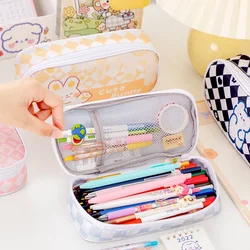 Ins Korean Lovely Pencil Case Cute Cartoon Bear Bunny Checkerboard Pencil Bag Student Stationery Storage Bag Back To Shcool