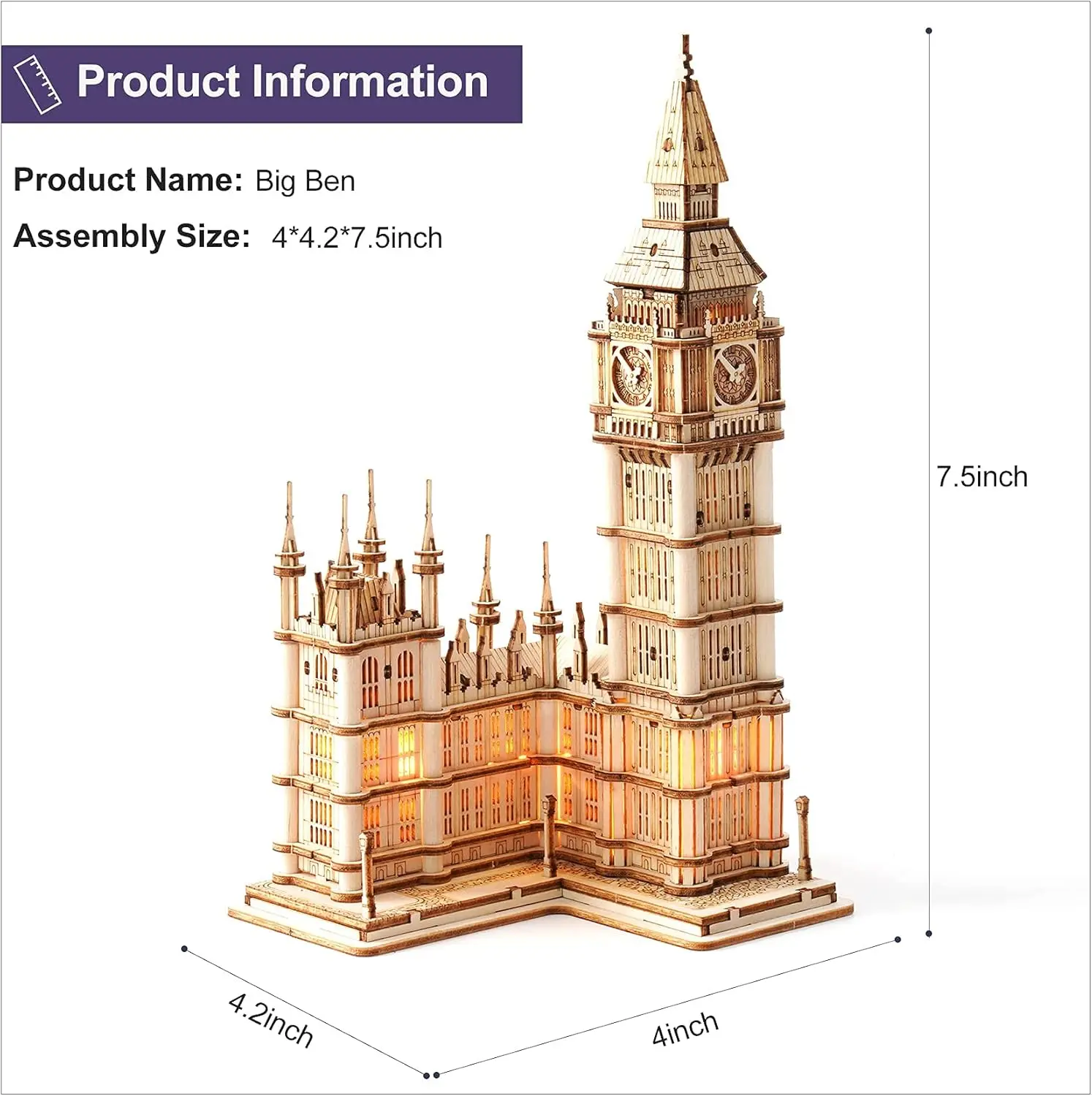 Robotime Big Ben ชุดตัวต่อ3D ชุดงานฝีมือทำจากไม้ชุดโมเดลก่อสร้างแบบ DIY พร้อม kado ulang tahun ไฟ LED สำหรับวัยรุ่นผู้ใหญ่