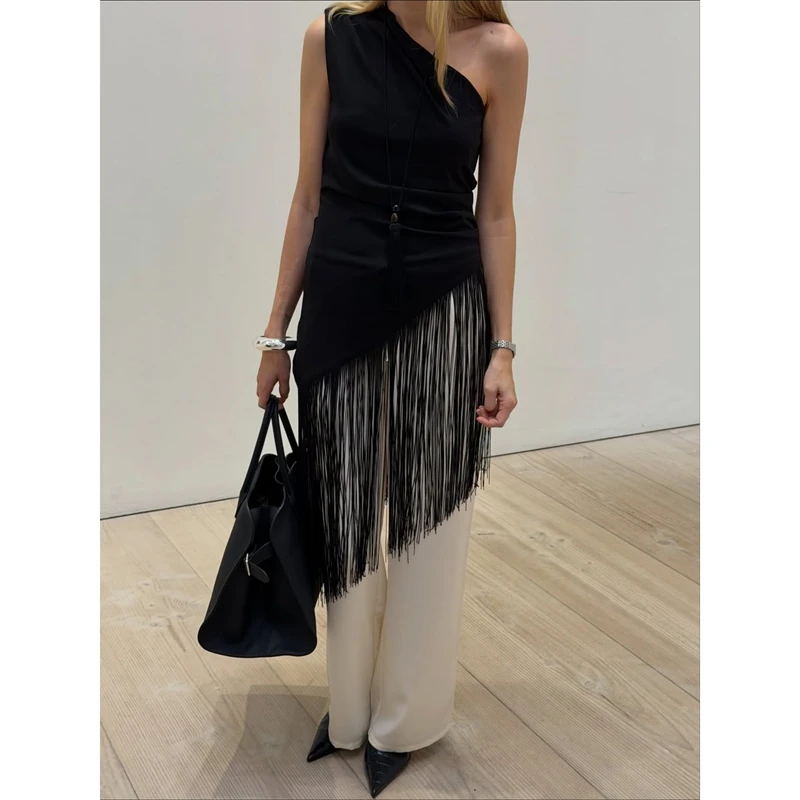 Women's One Shoulder Tank Tops Sleeveless Shirt Dress Y2k Solid Color Side Ruched Tassel Triangle Hem Slim Fit Vest