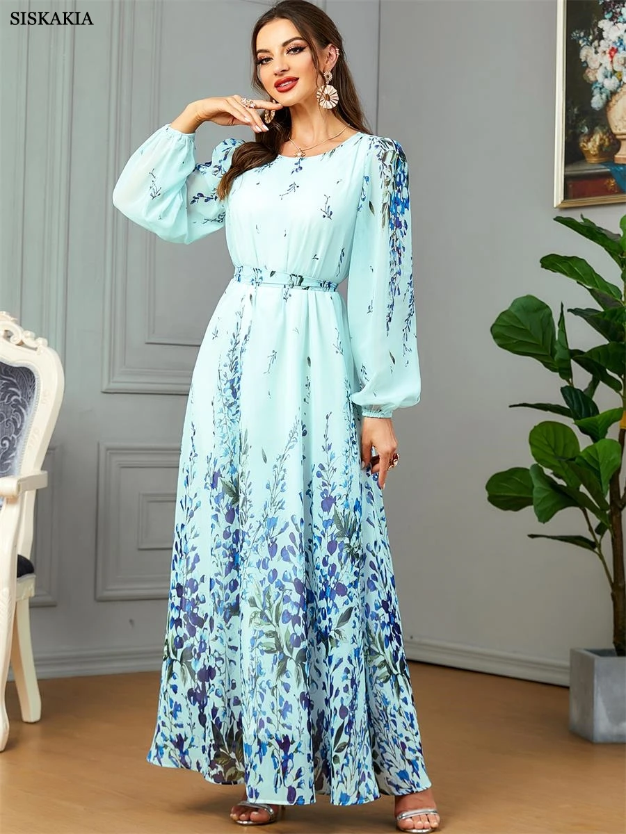 Siskakia Dubai Fashion Floral Lantern Sleeve O-Neck Gulf Women Dress With Sashes Jalabiyat Moroccan Arab Evening Party Abaya